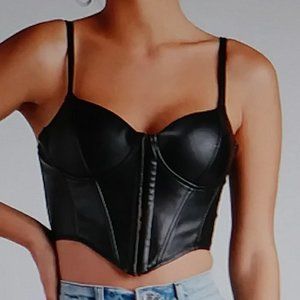 Iris Basic Black Faux Leather Bustier Crop Top